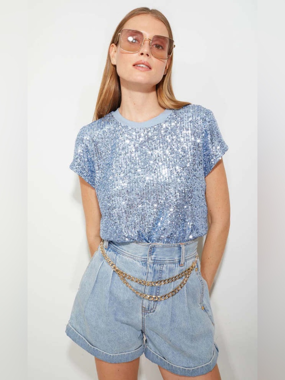 New Generation Love Kai Sequin T-Shirt in Chambray Blue Size XS $195